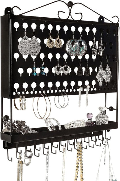 JR20-FB Flat Black Wall Mounted Organizer Necklace Holder Earring & Jewelry Display Rack with Tray