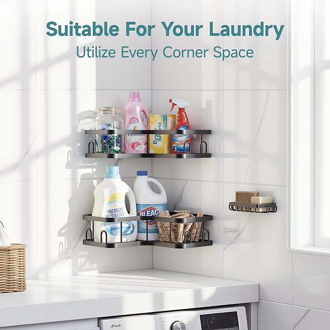 Veken Corner Adhesive Shower Caddy 3-Pack with Soap Holder&Hooks,No Drilling Shower Shelves,Rustproof & Waterproof Bathroom Organizers and Storage,Rack for Small Spaces, Kitchen&Rental-Friendly,Black