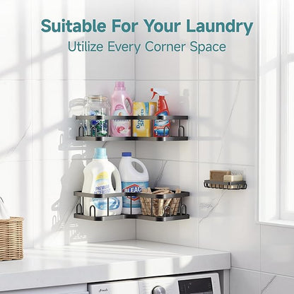 Veken Corner Adhesive Shower Caddy 3-Pack with Soap Holder&Hooks,No Drilling Shower Shelves,Rustproof & Waterproof Bathroom Organizers and Storage,Rack for Small Spaces, Kitchen&Rental-Friendly,Black