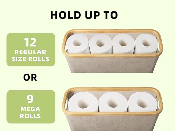 StorageWorks Toilet Paper Storage with Bamboo Lid, Toilet Paper Holder Basket for Up to 9 Mega or 12 Regular Size Rolls, Medium Paper Storage Baskets for Bathroom, Light Khaki, 1 Pack