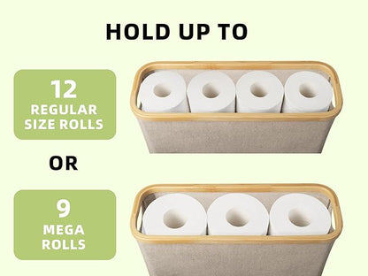 StorageWorks Toilet Paper Storage with Bamboo Lid, Toilet Paper Holder Basket for Up to 9 Mega or 12 Regular Size Rolls, Medium Paper Storage Baskets for Bathroom, Light Khaki, 1 Pack