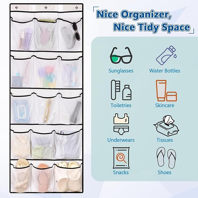 Over The Door Cruise Ship Organizer - Cruise Ship Magnetic Door Organizer with 15 Size-Graded Pockets, Hanging Magnetic Cruise Storage Shoe Rack for Cabin, 2025 Cruise Essential, 9 Hooks(White)