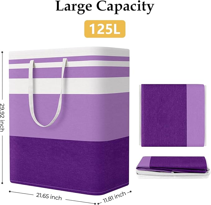 StorageRight Large Collapsible Laundry Basket Hamper with Easy Carry Handles，Freestanding Clothes Hampers for Laundry, Bedroom, Dorm, Towels, Toys, 125L, Purple