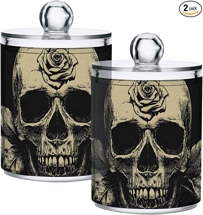 2 Pack Gothic Dark Skull Qtip Cotton Ball Holders Dispenser with Lid, Plastic Jars Bathroom Canisters Storage Organizer