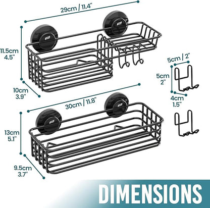 TAILI Shower Caddy Suction Cup 2 Pack with Hooks & Soap holder, Heavy Duty Shower Organizer for Bathroom, No Drilling Bathroom Organizer with Large Capacity, Black Metal Storage Basket