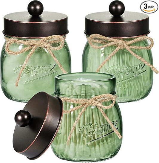 SheeChung Green Glass Qtip Holder Dispenser, Mason Jar Apothecary Jars with Lids, Bathroom Organizers and Storage, Vanity Countertop Canisters Set for Cotton Swab, Ball, Pad, Floss Pick-ORB, 3 Pack