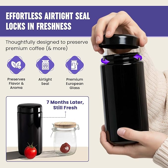Infinity Jars, 1 L (12 oz) Airtight Coffee Canister Ultraviolet Glass Coffee Bean Storage Container Antistatic, Light Blocking Container for Coffee, Herbs, Tea & Spices Durable