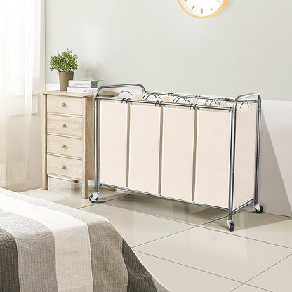 STO STO Laundry Sorter 4 Section, 4 Bag Clothes Hamper, Rolling Laundry Cart Basket with Heavy Duty Lockable Wheels and Removable Bag for Laundry Room, Bedroom, Closet, Beige