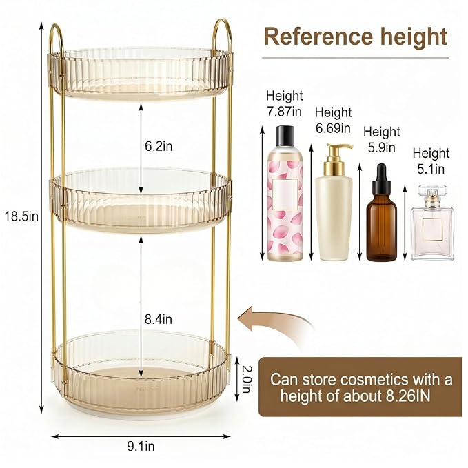 Cididu 360 Rotating Makeup Organizer, 3 Tiers Plastic Bathroom Spinning Holder Rack, Round Lazy Susan Organizer, Large Capacity Countertop Shelf for Cosmetics, Perfume, Skincare, Spice, Toiletries