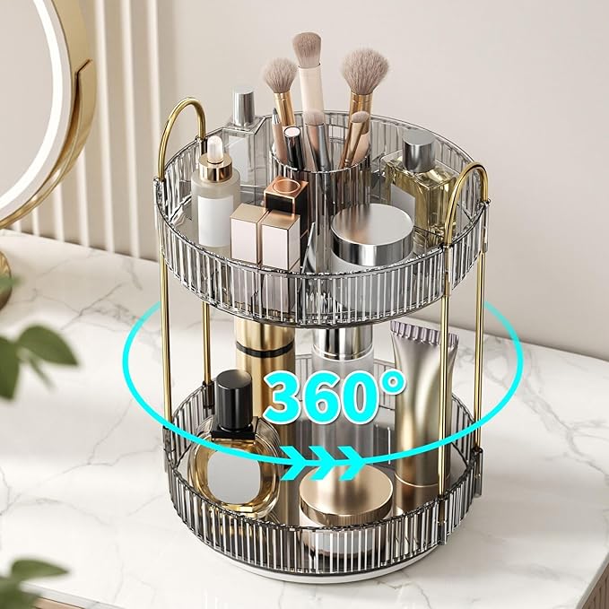 360° Rotating Makeup Organizer, Large-Capacity Skincare Make Up Storage 2 Tier Perfume Organizers Cosmetic Dresser Organizer with Makeup Brush Holder, Fits Bedroom, Bathroom, Vanity Shelf Countertop