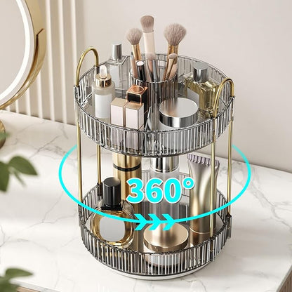 360° Rotating Makeup Organizer, Large-Capacity Skincare Make Up Storage 2 Tier Perfume Organizers Cosmetic Dresser Organizer with Makeup Brush Holder, Fits Bedroom, Bathroom, Vanity Shelf Countertop
