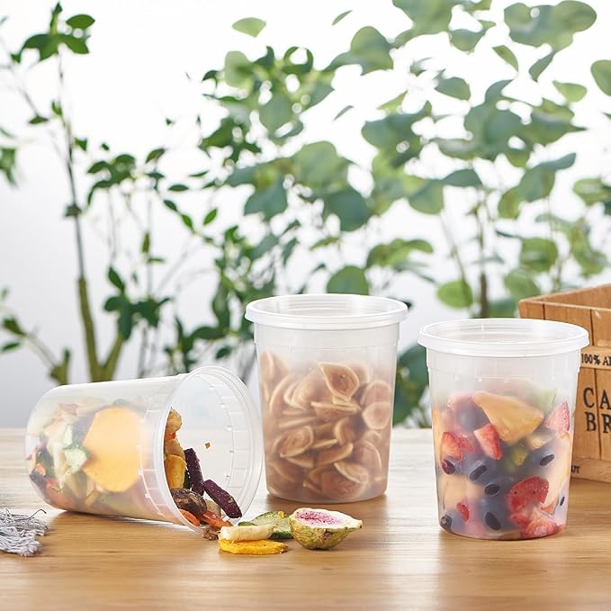Jaluxing 32oz Plastic Deli Containers, 240 Sets - Leakproof, Stackable, BPA Free, Microwavable, Freezer Safe