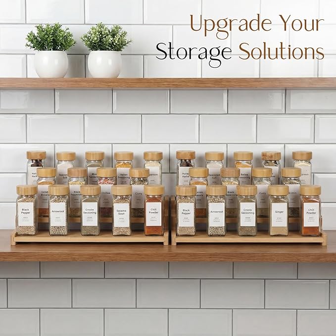Spice Rack Organizer for Cabinet, 18in Bamboo Tiered Spice Rack，Used for Kitchen Countertops and Food Storage Room Organizer，Specially Designed for Jars and Spice Bottles(Bamboo, L)