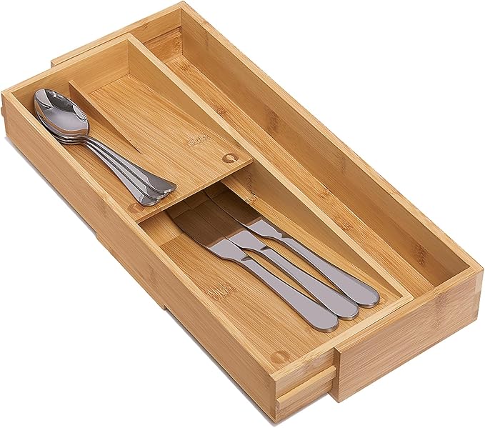 guiogc Bamboo Kitchen Drawer Organizer, Silverware Organizer Expandable Utensil Holder with Removable Knife Block, Cutlery Tray with Drawer Dividers for Kitchen Utensils and Flatware