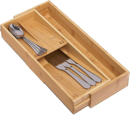guiogc Bamboo Kitchen Drawer Organizer, Silverware Organizer Expandable Utensil Holder with Removable Knife Block, Cutlery Tray with Drawer Dividers for Kitchen Utensils and Flatware