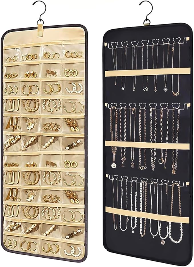 Bloss Hanging Jewelry Organizer-48 Pockets Dual-Sided Hanging Jewelry Organizers and Storage for Necklaces, Earrings Holder on Closet, Wall, Door, Birthday Gifts for Women,Blcak