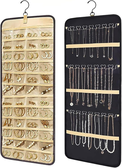 Bloss Hanging Jewelry Organizer-48 Pockets Dual-Sided Hanging Jewelry Organizers and Storage for Necklaces, Earrings Holder on Closet, Wall, Door, Birthday Gifts for Women,Blcak