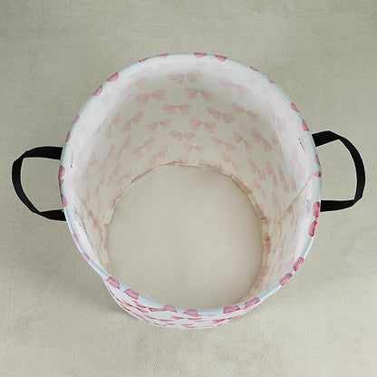 Kids Laundry Hamper,Pink Bow Themed Laundry Basket for Girls,Cute Coquette Aesthetic Collapsible Fabric Organizer with Handles for Bedroom Nursery Playroom