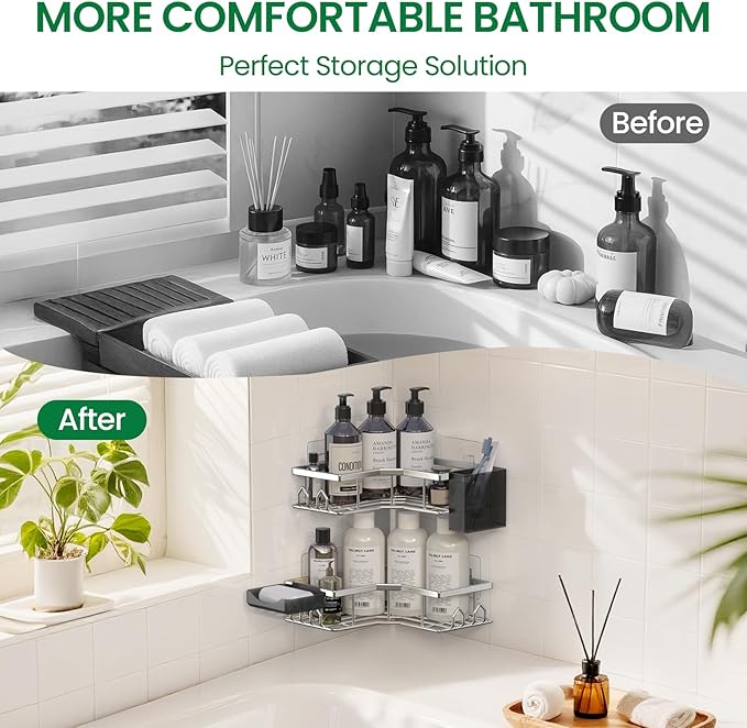 Adhesive Shower Caddy, 2 Pack Corner Bath Organizer, Rustproof Stainless Steel Shower Shelves with Large Capacity, No Drilling Shelves for Bathroom Storage, Home, Kitchen Decor (Silver).