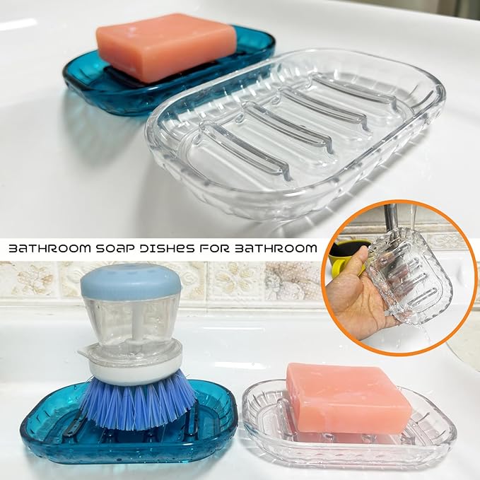 2 Pack Soap Dish Holder for Bar Soap, Bathroom Soap Dishes Bar Soap Holder Tray, Soap Dishes for Shower Bathroom, Kitchen Sink Soap Dish, Clear