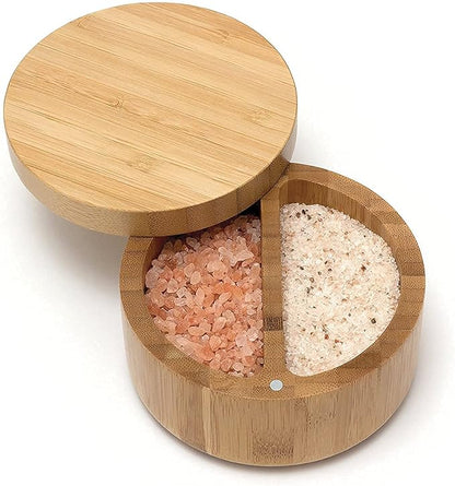 Bamboo Salt Box，Salt Cellar with Removable Magnetic Swivel Lid Round Salt, Pepper or spice Storage Box Cellar (Bamboo) (ZewellS09)