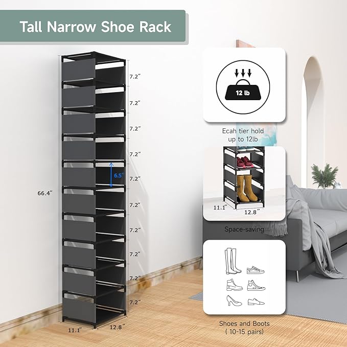 Vertical Shoe Rack, 10 Tier Narrow Shoe Rack for Closet & Entryway, Space Saving Tall Shoe Organizer for Small Spaces, Sturdy Metal Stackable Shoe Shelf Tower for Boots & Heels, Black