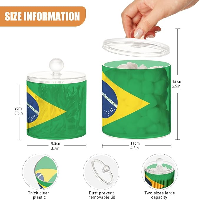 DOMIKING Brazilan Flag 2 Pack Bathroom Canisters Cotton Swab Holder Dispenser Plastic Cotton Ball Jar Acrylic Storage Containers for Floss Makeup Sponges Cotton Ball