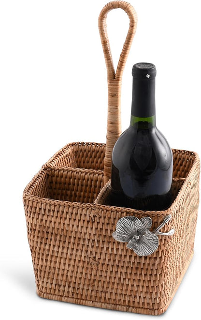 Vagabond House Utensil Caddy - Elegant Rattan Cutlery Holder for Party, Designer Utensil Holder with 4 Compartments, Functional Wicker with Pewter Orchid Flower, Ideal for Tropical Home 12 Inches