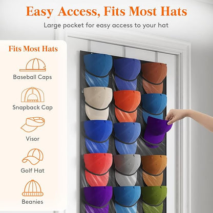 Lifewit Over The Door Hat Organizer for Baseball Caps, 27 Clear Deep Pockets Hat Rack Stand with 3 Hooks, Hanging Hat Storage, Cap Holder Hat Hanger for Protection and Display, 2 Pack