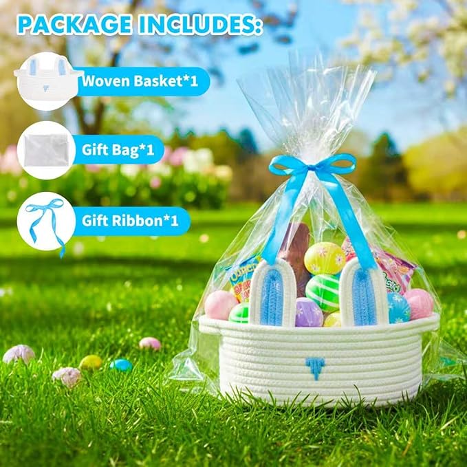 ShellKingdom Empty Gift Basket with Gift Bags and Ribbon, Birthday Basket for Boys Girls, Storage Woven Basket with Handles for Home Organizer, 12 X 8 X 5 INCH, Easter White Blue