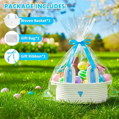 ShellKingdom Empty Gift Basket with Gift Bags and Ribbon, Birthday Basket for Boys Girls, Storage Woven Basket with Handles for Home Organizer, 12 X 8 X 5 INCH, Easter White Blue