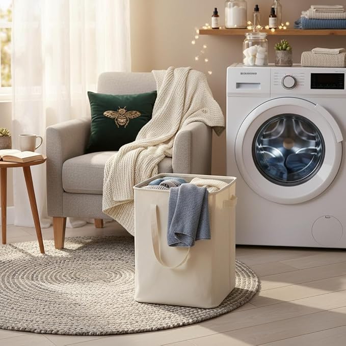 efluky Slim Laundry Basket, Narrow Laundry Hamper with Handles, Collapsible Dirty Clothes Hamper, Tall Laundry Bin for Laundry Room, Dorm and Bedroom, 90L Beige