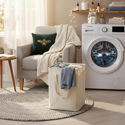 efluky Slim Laundry Basket, Narrow Laundry Hamper with Handles, Collapsible Dirty Clothes Hamper, Tall Laundry Bin for Laundry Room, Dorm and Bedroom, 90L Beige