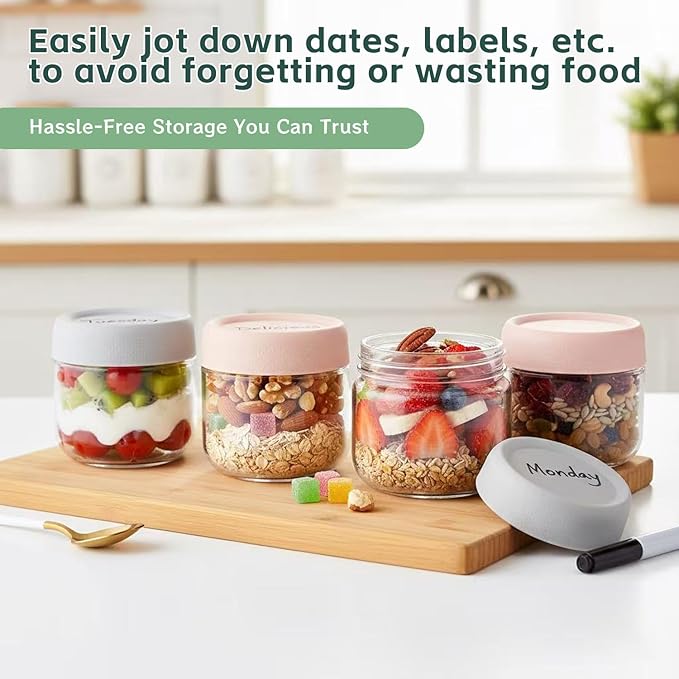 2 Pack Glass Overnight Oats Containers with Lids,Stackable Wide Mouth Mason Glass Jars with Airtight Seal Lids,Food Storage Jars for Meal Prep,Yogurt Parfaits,Meal Prep,Pudding,Spices (10 Oz)