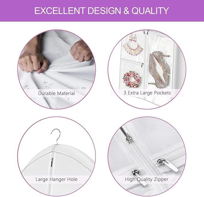 72" Wedding Dress Garment Bag with 10" Gusset & 4 Pockets - Extra Long Hanging Storage Cover for Bridal Gowns, Evening Dresses, and Formal Gowns, Travel Clothes Bag with Accessory Pockets