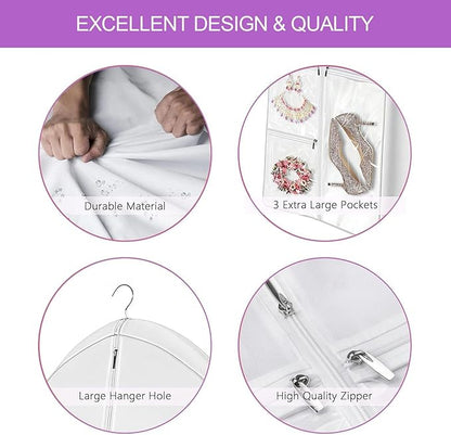 72" Wedding Dress Garment Bag with 10" Gusset & 4 Pockets - Extra Long Hanging Storage Cover for Bridal Gowns, Evening Dresses, and Formal Gowns, Travel Clothes Bag with Accessory Pockets