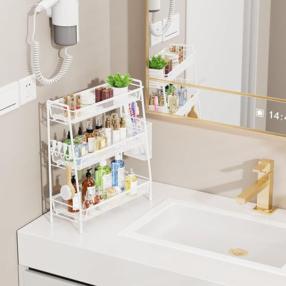 VITVITI 3-Tier Bathroom Organizer Countertop, Metal Wire Mesh Bathroom Counter Organizer Storage with Basket Hooks, Vanity Tray Shelf, Kitchen Spice Rack (White)