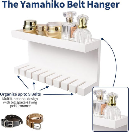 Yamahiko Belt Storage Organizer With Double Shelving Platform, Wall Mount Hanger Rack for Closet, Universal Holder for Men and Women, White