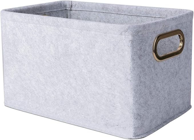 Collapsible Storage Bins Foldable Felt Fabric Storage Basket Organizer Boxes Containers with Handles Metal Handles for Nursery Toys,Kids Room,Clothes,Towels,Magazine (Light grey, 15.9L×11W×9.8H)