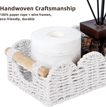 CubesLand Bathroom Basket Organizer w/Cut Out Handle, Back of Toilet Paper Storage Baskets Tray for Bathroom Countertop Decorative, Scalloped Wicker Basket Also for Home Decor, Living Room, White