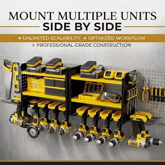 BUILTSTRONG Power Tool Organizer Wall Mount – 3-Tier Heavy-Duty Steel Rack, 6 Drill Slots, Dual Pegboard Sides, Side-by-Side Modular, 100 lb Capacity – Garage & Workshop (Yellow)