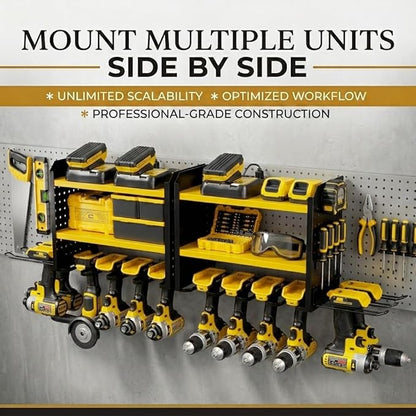 BUILTSTRONG Power Tool Organizer Wall Mount – 3-Tier Heavy-Duty Steel Rack, 6 Drill Slots, Dual Pegboard Sides, Side-by-Side Modular, 100 lb Capacity – Garage & Workshop (Yellow)
