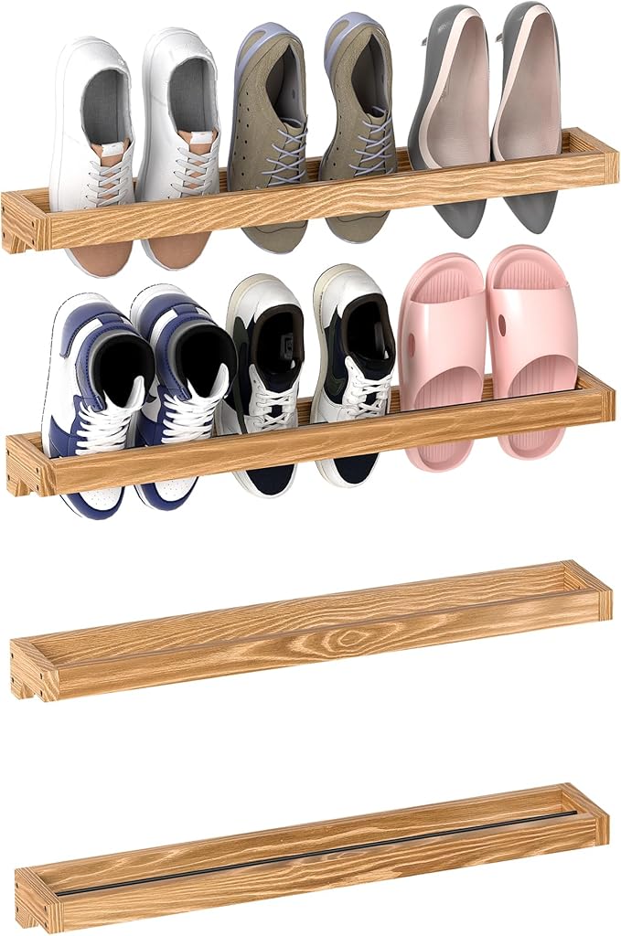 Nisorpa 30 Inch Rustic Burnt Wood Hanging Shoe Rack, Wall Mounted Shoe Rack Storage Organizer Space Saving Footwear Holder for Closet, Mudroom, Entryway, Holds 12 Pairs, Set of 4