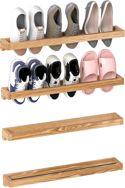 Nisorpa 30 Inch Rustic Burnt Wood Hanging Shoe Rack, Wall Mounted Shoe Rack Storage Organizer Space Saving Footwear Holder for Closet, Mudroom, Entryway, Holds 12 Pairs, Set of 4
