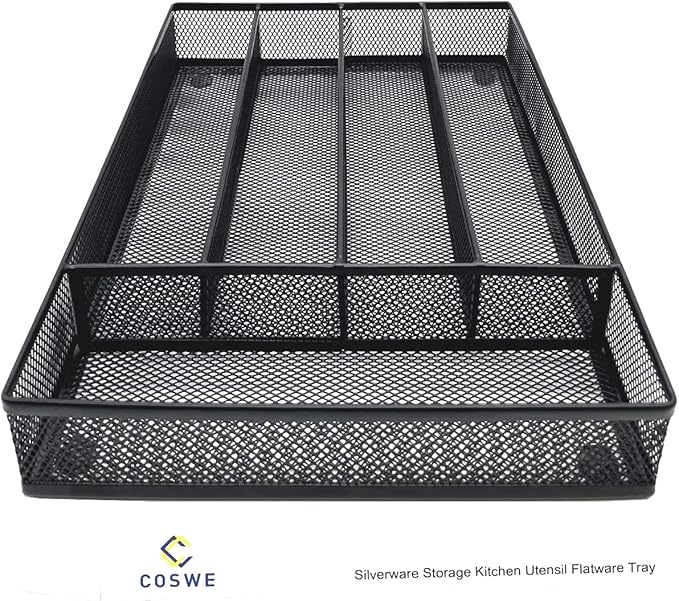 COSWE Silverware Tray for Drawer, Silverware Organizer, Metal Drawer Organizer Kitchen Utensils with Foam Feet Multi Compartments Cutlery Organizer in Drawer (BLACK)