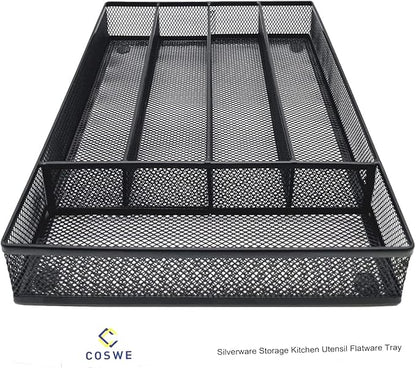 COSWE Silverware Tray for Drawer, Silverware Organizer, Metal Drawer Organizer Kitchen Utensils with Foam Feet Multi Compartments Cutlery Organizer in Drawer (BLACK)