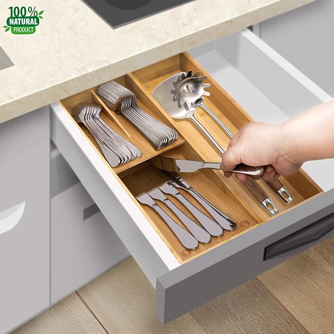 guiogc Bamboo silverware tray organizer, Utensil Holder and Cutlery Tray for Drawer, Kitchen Drawer Organizer Divider for Spoons Forks Knives