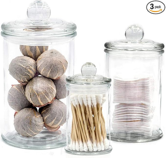 Mini Glass Apothecary Jars, Bathroom Storage Organizer Canisters for Cotton Swabs, Cotton Balls, Makeup Sponges, Bath Salts, Hair Ties, Makeup - Set of 3