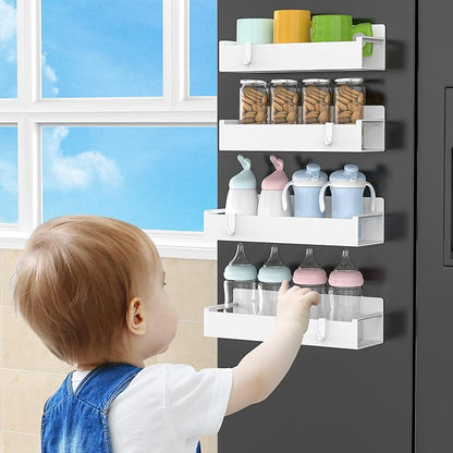 HuggieGems 4 Pack Magnetic Spice Rack Organizer for Refrigerator and Oven, White Fridge Organizers and Storage for Kitchen