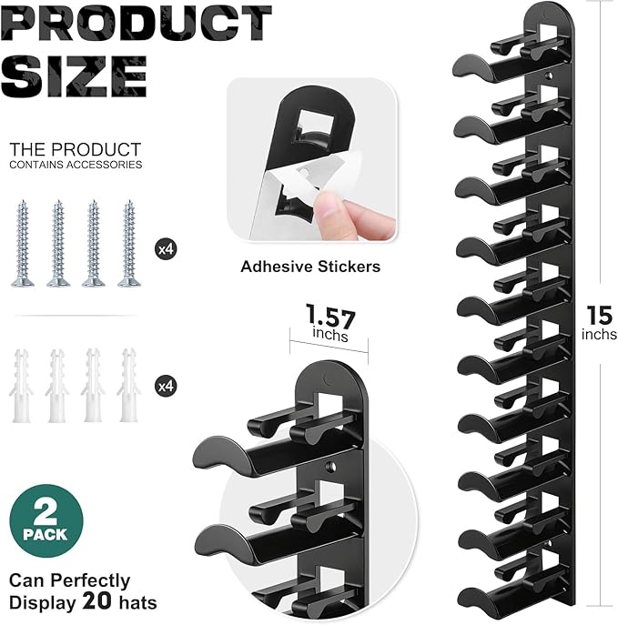 Hat Hook for Wall, 2 Pack Hat Organizer Hold up to 20 Hats,Hat Holder with Strong Adhesive and 8 Pack Screws, Cap Holder Hat Hangers for Wall Closet Door and Bedroom(B-Black)